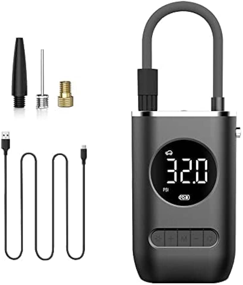 Compressor de Ar Portátil Sem Fio – Com bateria de 4000 mAh, até 150 PSI de pressão, luz de emergência LED e medidor digital. Perfeito para carro, moto, bicicletas, bolas e infláveis.