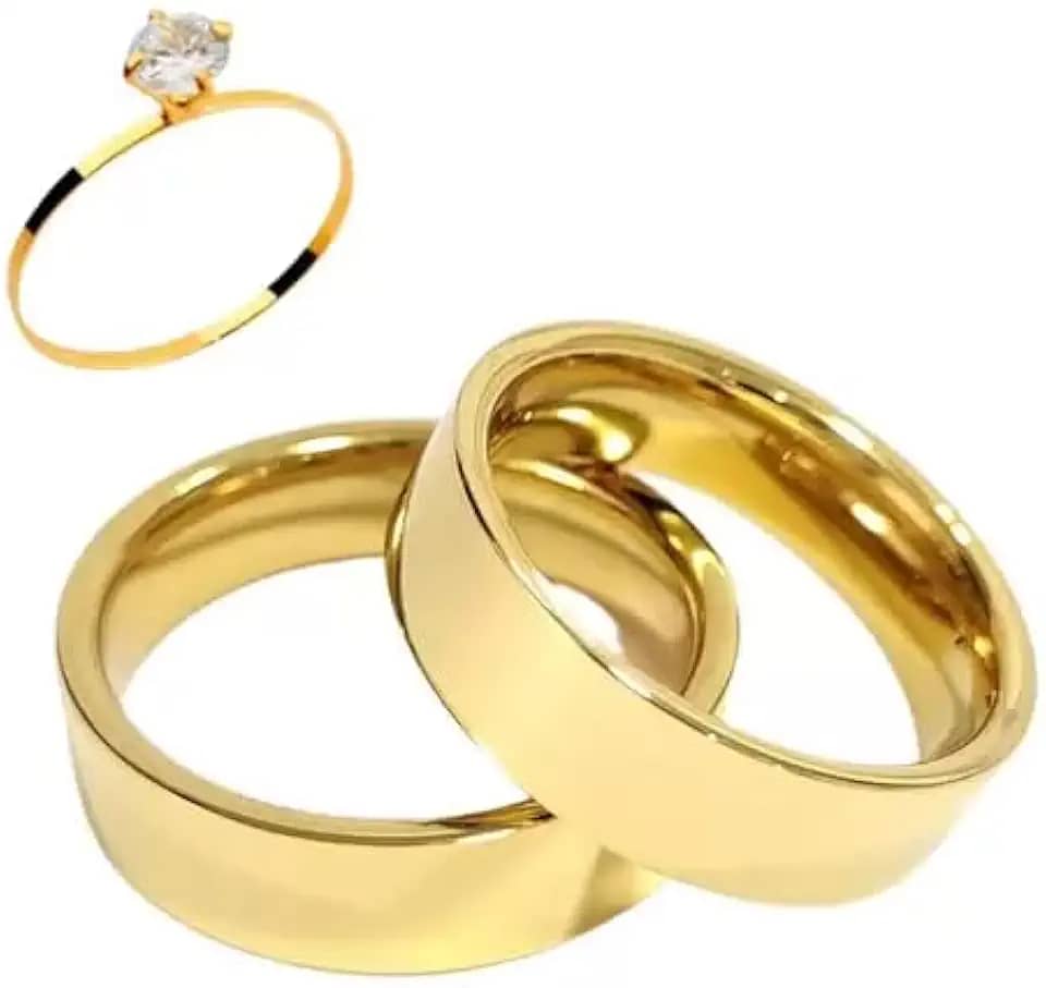 Aliança Par Italiana Ouro Banhada Reta Anatômica com Anel Solitário com Zirconia e Caixa de Veludo Casamento Noivado Namoro