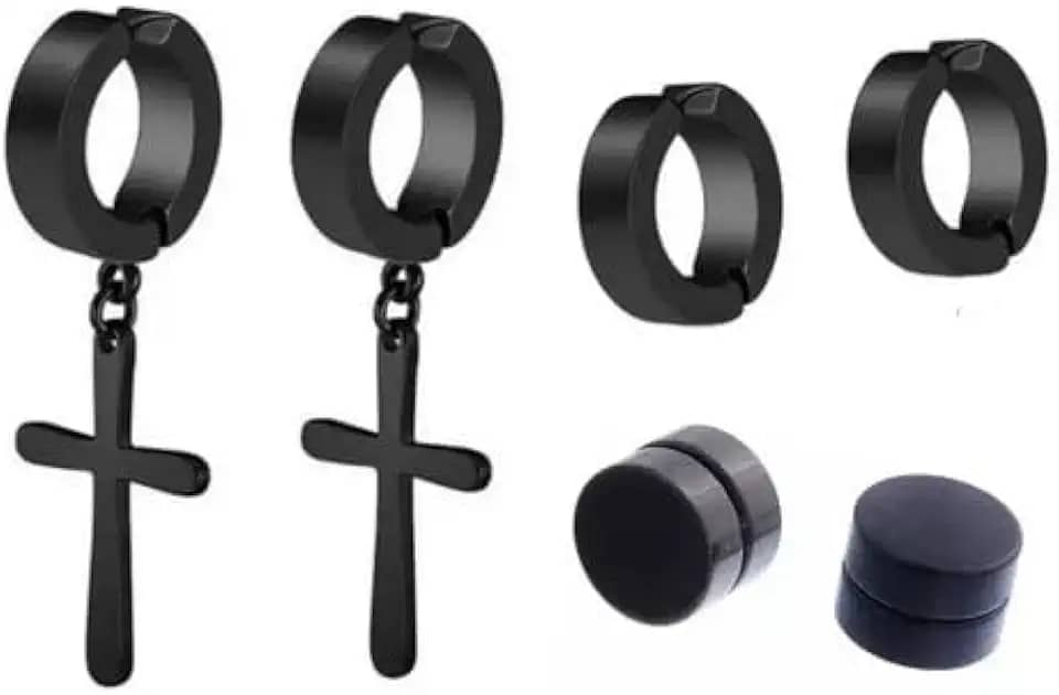 Brinco Masculino Argola Cruz Pressão Kit Com 3 Pares Bts