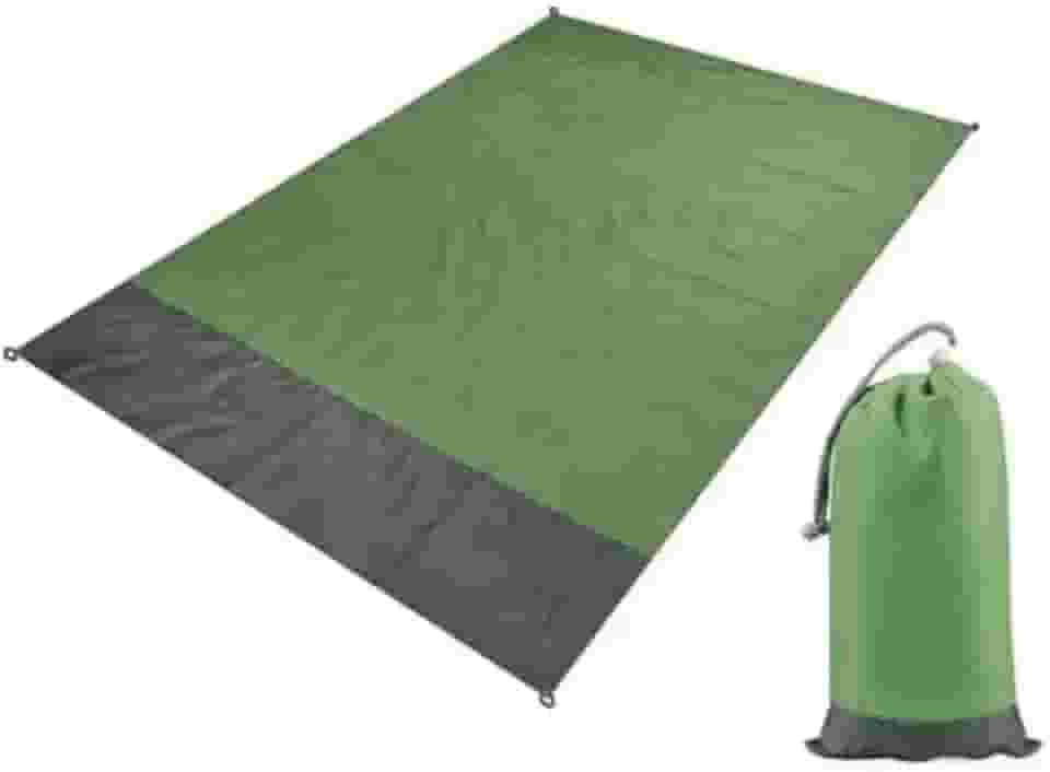 Tapete Impermeável para Camping e Praia, 200x210cm, Verde e Cinza, com 4 Pinos, Mosquetão e Saco de Transporte - Leve, Dobrável e Resistente