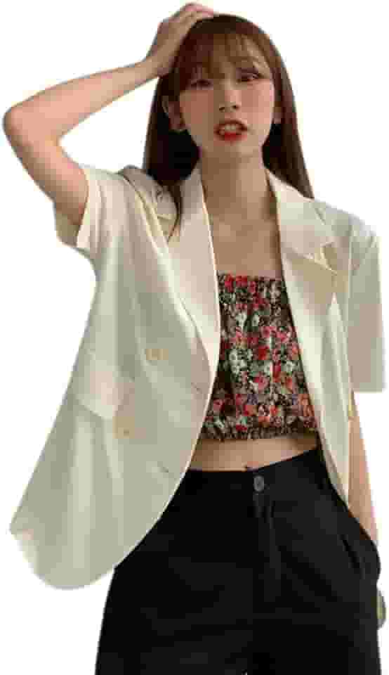 Blazer feminino de manga curta casual de cor doce coreana, caimento solto, cor lisa, lapela entalhada, Branco, M