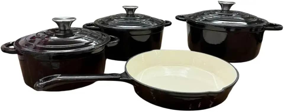 Conjunto de Panelas Holândesa Ferro Fundido Esmaltado, 4 Peças, Indução Forno e Fogão, Antiaderente, Caçarolas 28/26/20 cm e Frigideira 28 cm.