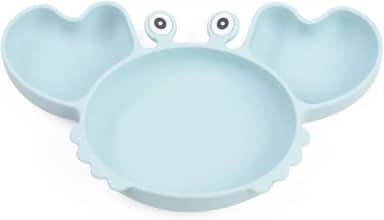 Pratinho caranguejo com divisória e ventosa em silicone para bebês. Azul.