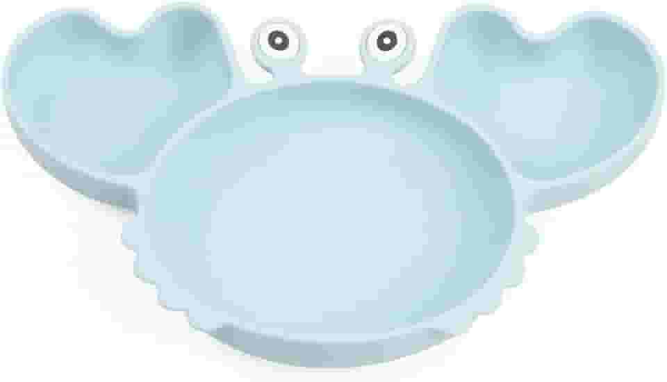 Pratinho caranguejo com divisória e ventosa em silicone para bebês. Azul.