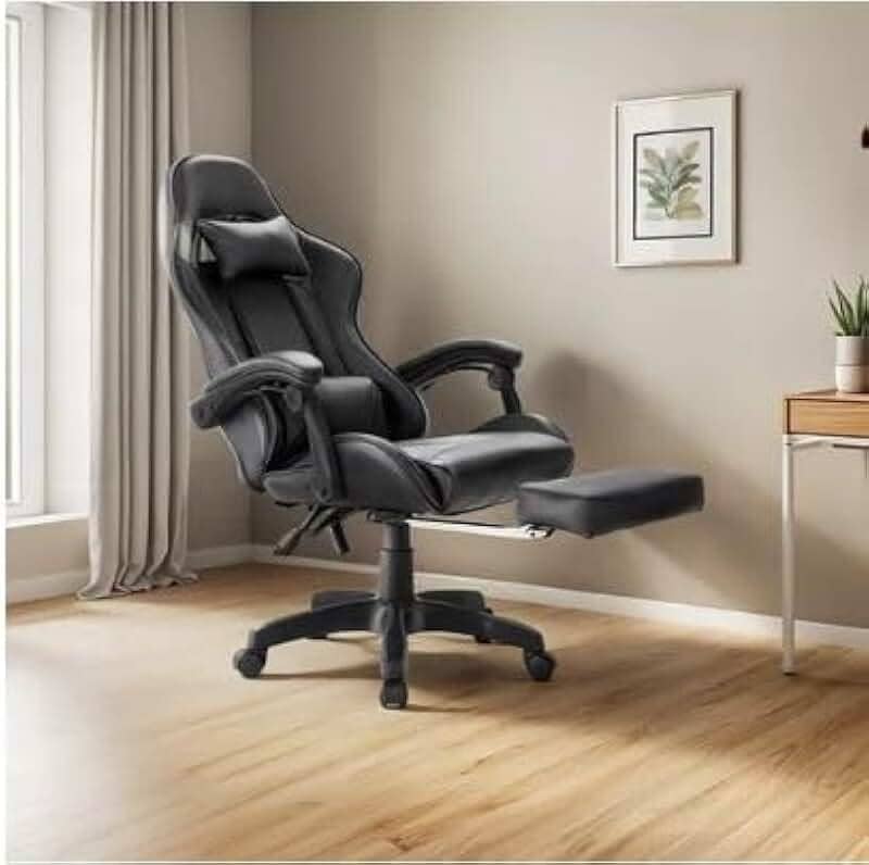 Cadeira Gamer Ergonômica para Escritório, Reclinável, Couro Sintético, Preto, Estilo Gaming, Confortável