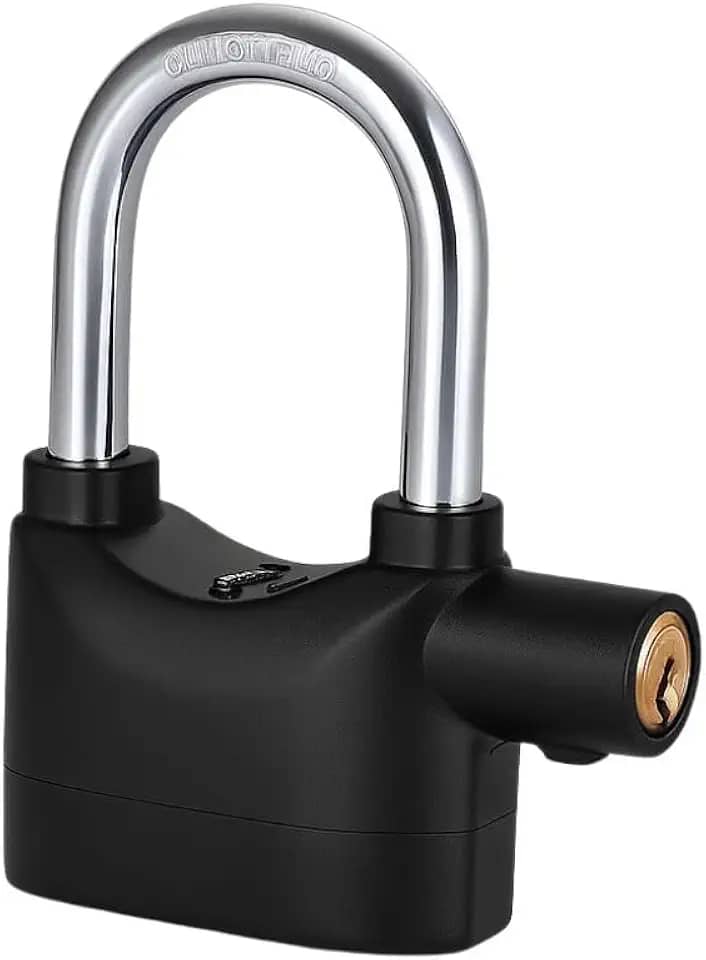 Cadeado de Segurança com Alarme Sonoro, Proteção Anti-Roubo, Corpo em Metal e Plástico, Inclui Chaves e Baterias
