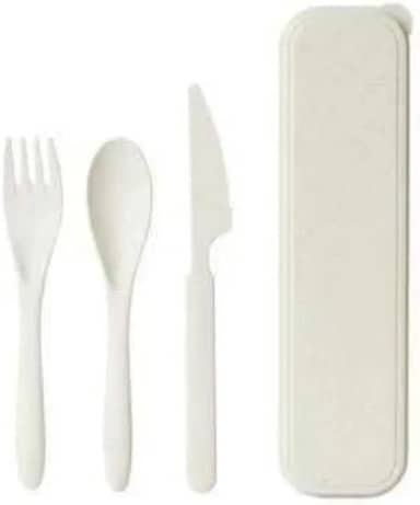 Kit Talheres Reutilizáveis com Estojo Feito com Fibra de Palha de Trigo Biodegradável Ideal Levar na Bolsa, Jogo de Talheres Infantil, PREMIUM (Off White)