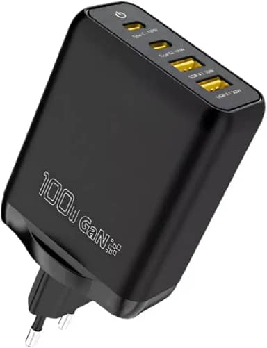 Carregador Turbo de 100W Quatro Saídas USB-C e USB com Tecnologia GaN para Carregar Seus Dispositivos com Eficiência, Compatível com Iphone, Android, Notebook, Pods (Preto)