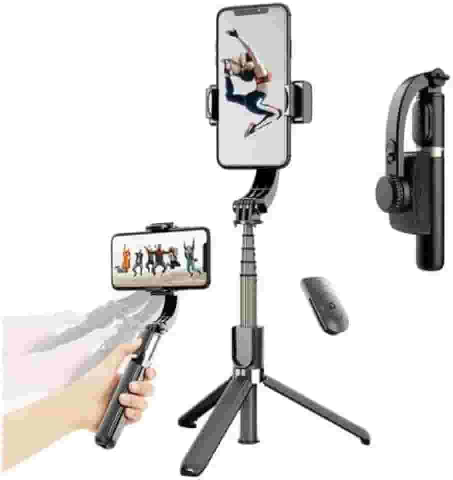 Estabilizador de celular Gimbal L08/R15 com anti-vibração e disparo estável com controle remoto multifuncional Rotação de 360° com tripé embutido (Preto)