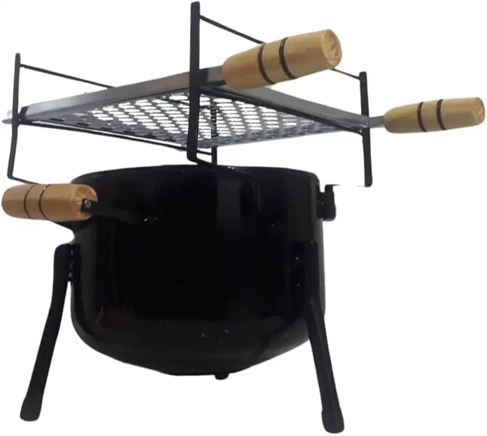 CHURRASQUEIRA A CARVÃO REDONDA DE MESA COMPLETA COM GRELHA PRÁTICA PORTÁTIL