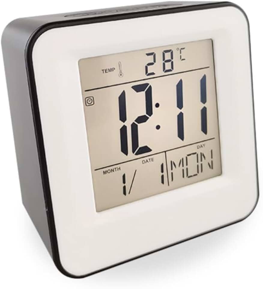 Relógio Despertador Mini Multifuncional com Display LCD, Luz Noturna e 8 Toques Diferentes – Portátil e Econômico Alimentado por Pilhas com Sensor Inteligente Som e Função Touch (Preto)