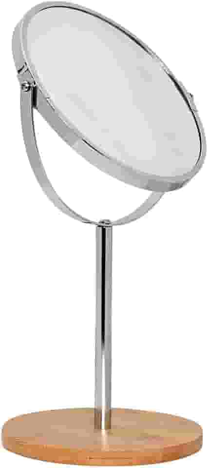 Mimo Style Espelho de Aumento Inox com Base Em Bambu Ecológico, Dupla Face 360º Rotativo, Lado Normal e Outro Com Ampliação em 5X. Acabamento em Aço Inoxidável e Bambu de Qualidade e Elegante
