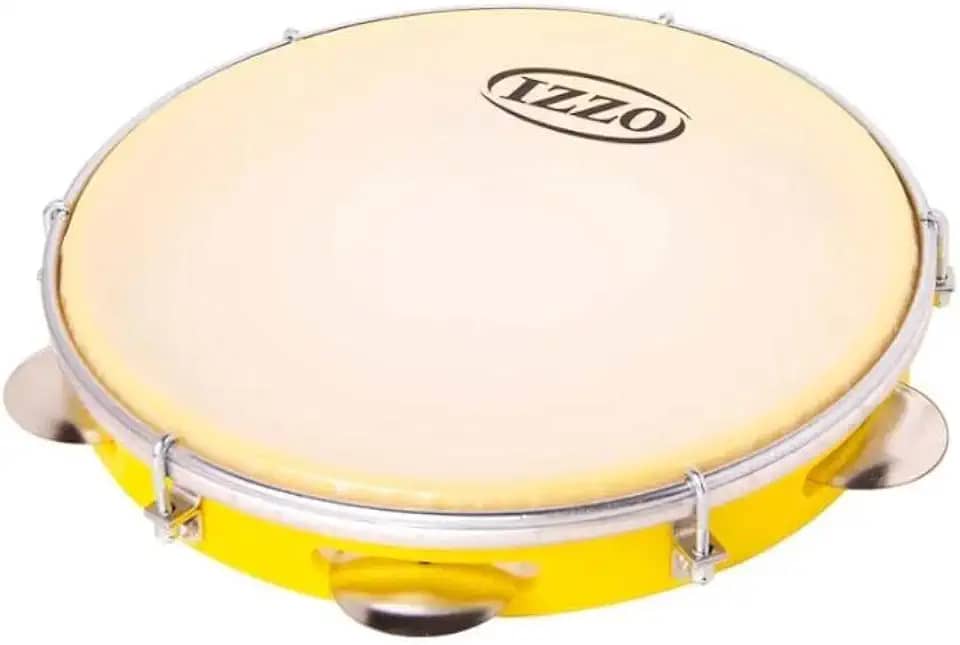 Pandeiro Izzo 10 pol ABS com Pele Leitosa Corpo Amarelo 6 Afinadores 5 Pares de Platinelas Flandres