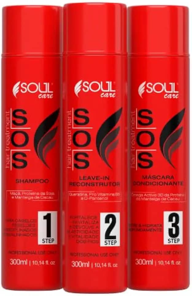 Kit SOS Tratamento Capilar Profissional Reconstrução Cauterização Antiemborrachamento Pós-Química Soul Care - Shampoo, Reconstrutor e Máscara (300mg)