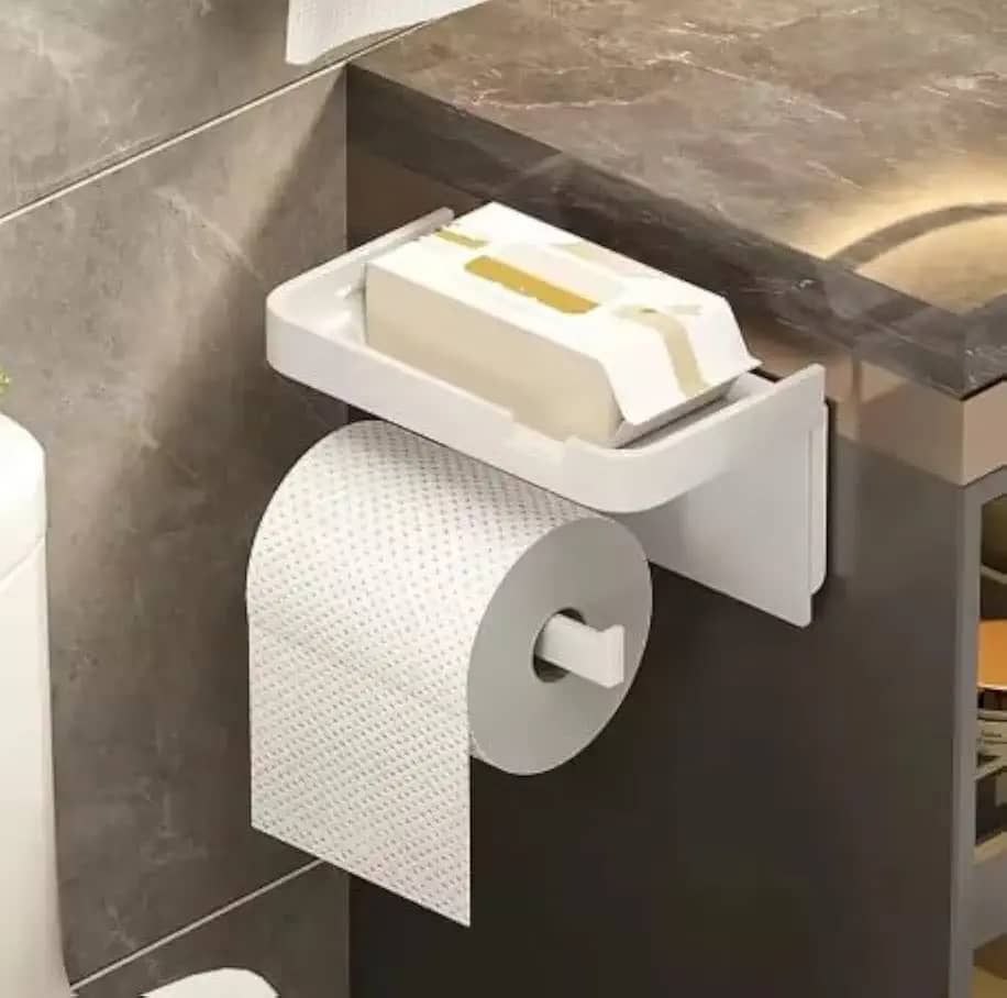 Suporte de Parede para Papel Higiênico com Prateleira para Celular e Objetos (Branco)