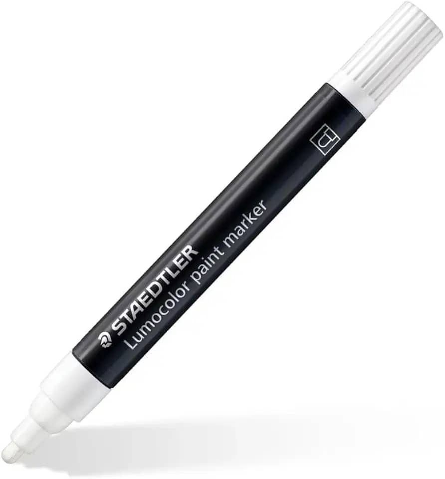 STAEDTLER Marcador Acrílico Lumocolor 1 Unidade Branco - 349-0 - Tinta Permanente à Base de Água, Para Superfícies Escuras, Secagem Rápida, À Prova d’Água e Manchas, Ponta Arredondada 2,4mm
