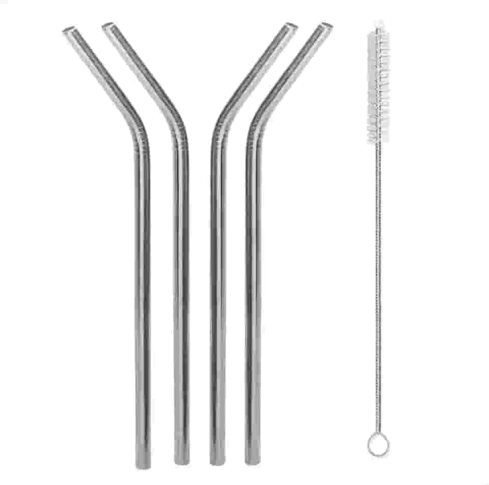 kit de Canudos de Inox Reutilizáveis Sustentáveis Quatro Curvos com Pincel de Limpeza