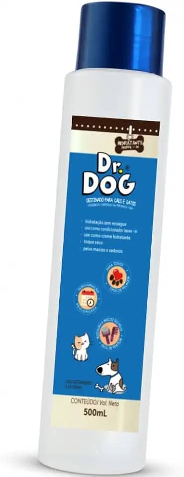 Condicionador PET Desembaraça, Hidrata, Brilho Intenso, c/Óleo de Coco, para Pets de Pêlos Longos, Escuros ou Claros, Filhotes, Antialérgico Dr. Dog 500ml, SEM ENXÁGUE