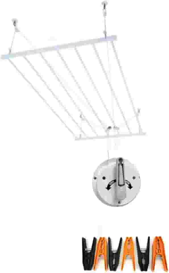 Varal de Teto em Alumínio, Retrátil, Com 8 Varetas 100cm X 60cm Com Manivela Instalação no Teto