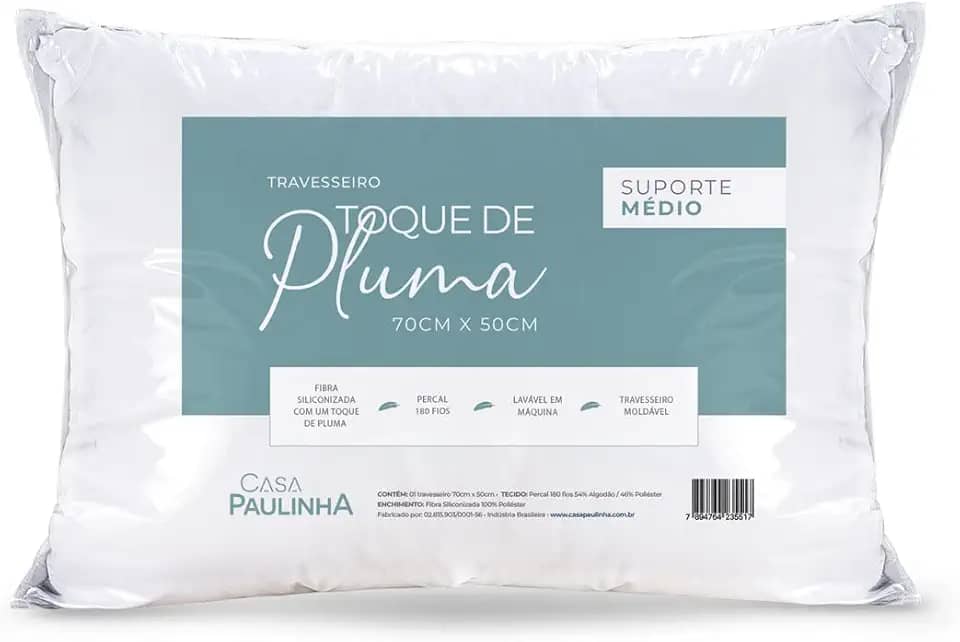 Travesseiro Toque de Pluma Pena Percal 180 Fios 50x70cm Lavável, Antiácaro, Antialérgico