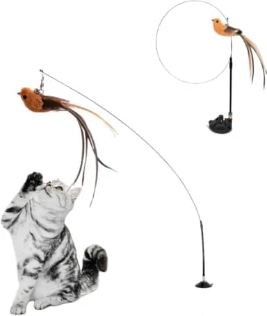 Brinquedo Interativo para Gatos, Varinha com Pássaro, Base com Ventosa, Altura Ajustável
