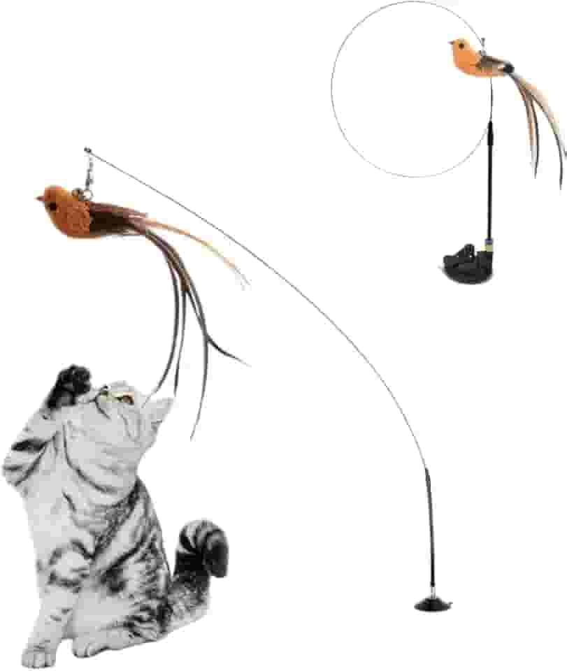 Brinquedo Interativo para Gatos, Varinha com Pássaro, Base com Ventosa, Altura Ajustável