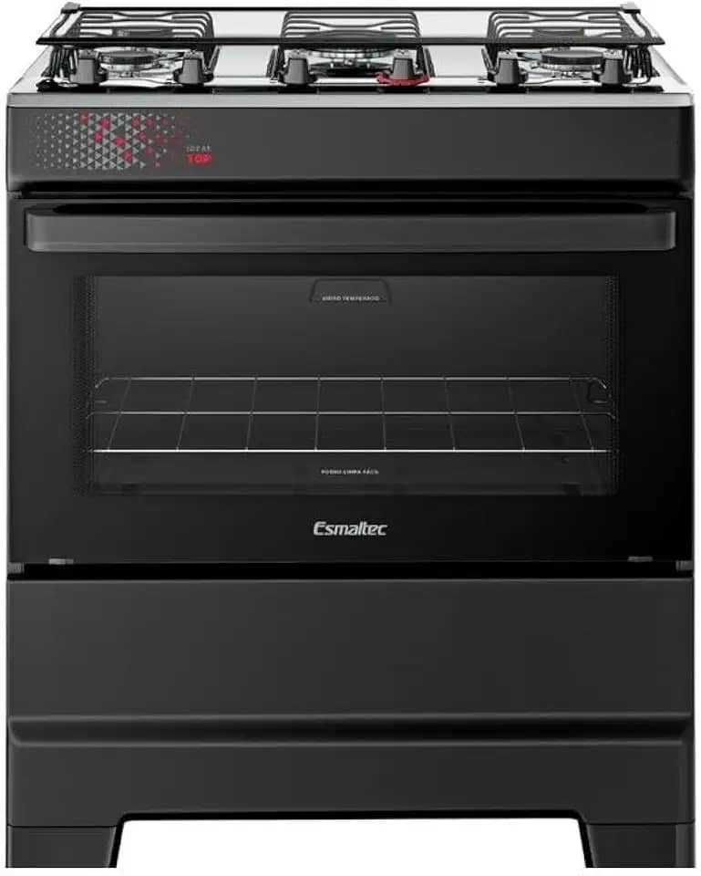 Fogão Esmaltec 5 Bocas Ideal Top Mesa Inox Tampa de Vidro Forno 84 Litros Preto T5IAP Bivolt