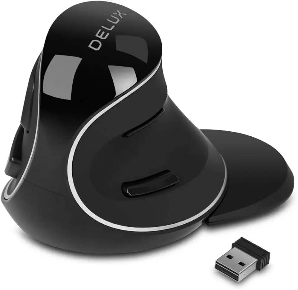 DELUX Mouse vertical ergonômico, mouse Ergo sem fio para mãos grandes, conexão 2,4G, cliques silenciosos, até 1600 DPI, 6 botões, descanso de pulso removível, compatível com laptop/PC (M618Plus sem