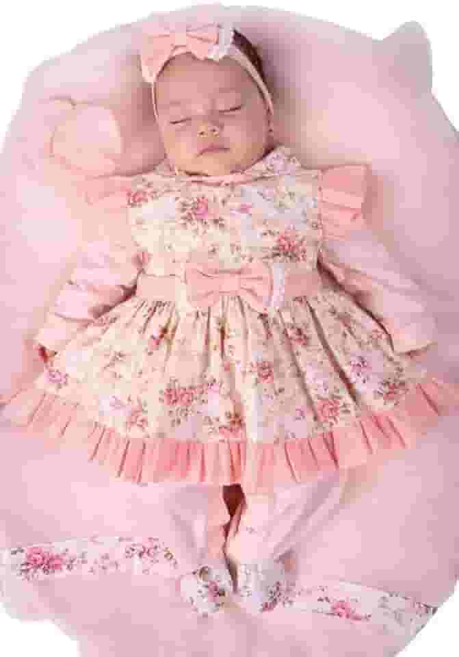 Saída Maternidade Menina Floral Salmão com Pompom 5 Peças