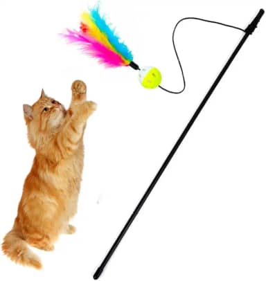 Varinha para gatos Brinquedo Interativo Vara pra Gato Sisal Colorida Penas Plumas Varios Modelos (Elástico Penas e Bolinha Guizo (50 cm))