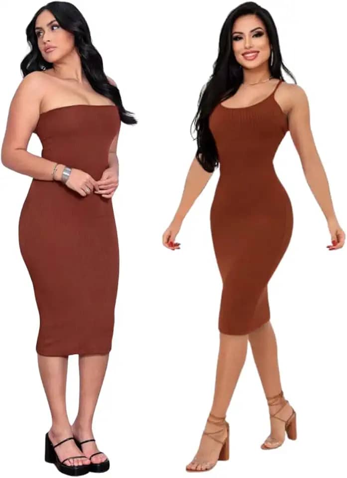 Vestidos midi femininos Verde Tamanho P Kit 2 Vestido Midi Com Alça E Tomara Que Caia Tecido Grosso Confortável