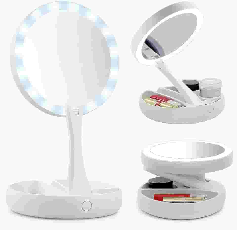 Espelho de Mesa com LED, Aumento 10x, Luz Ajustável, Recarregável via USB, Portátil, Ventosa Ultra Fixa, Ideal para Maquiagem, Viagem e Cuidados com a Pele