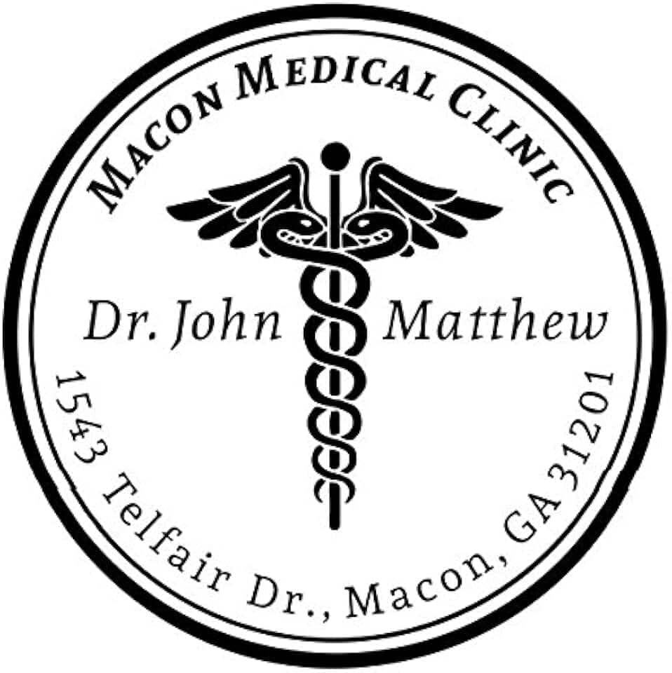 Selo Médico Redondo Personalizado com Caduceu - Nome da Clínica, Nome do Dr. e Endereço - Vermelho, Azul, Preto, Verde, Roxo, Marrom