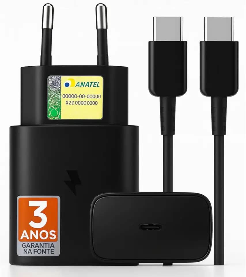 Carregador Turbo Compativel c/Samsung Galaxy, Motorola, Novo Iphone 15/16 - Fonte 25W Ultra,Carregamento Rápido, Tipo C + USB, Acompanha Cabo Tipo C, para Android/IOS - Certificado Premium Black