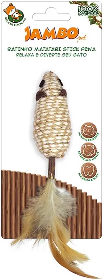 JAMBO PET Brinquedo para Gatos,Ratinho Stick com Pena,Feito de Matatabi 100% Natural e Poliéster