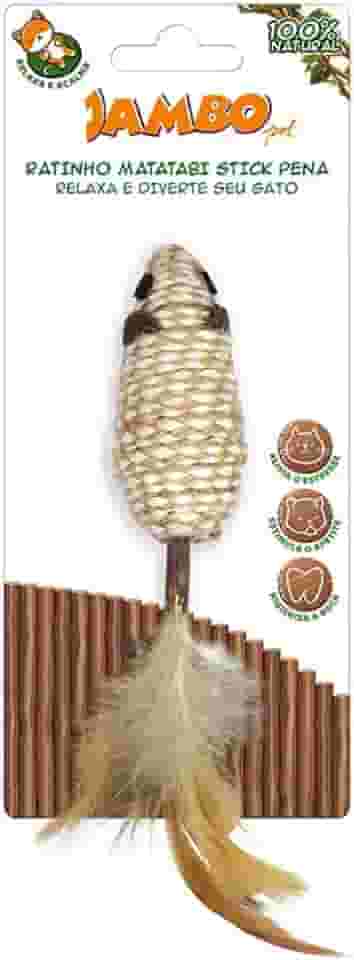 JAMBO PET Brinquedo para Gatos,Ratinho Stick com Pena,Feito de Matatabi 100% Natural e Poliéster