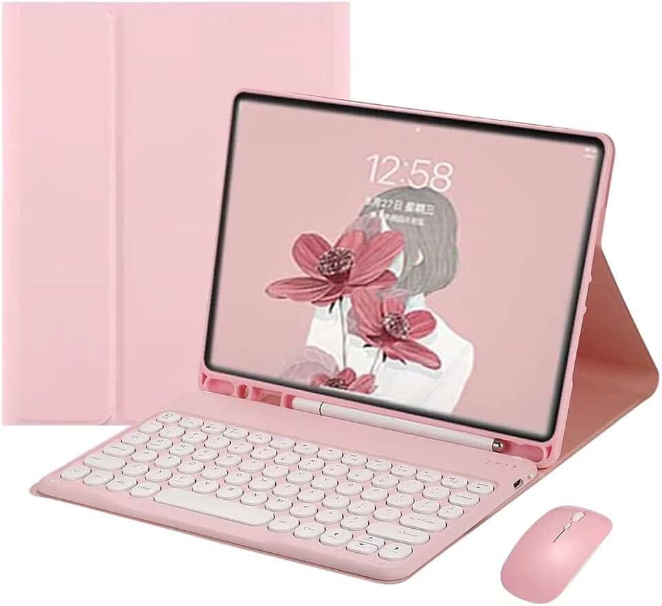 Capa de teclado para iPad Air 5 2022/Air 4 2020, teclado de 5ª/4ª geração para iPad Air com Mouse Teclas redondas bonitas Capa destacável com porta-lápis, Rosa