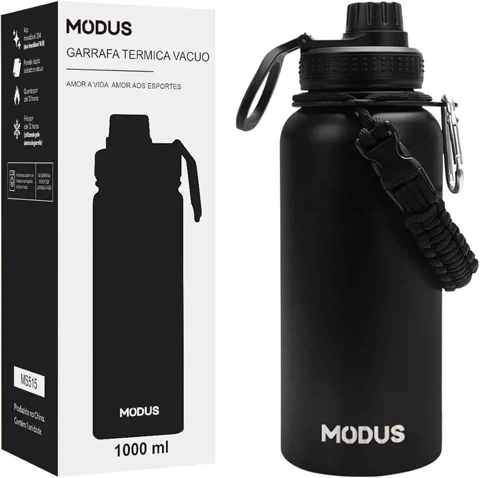 MODUS Garrafa Térmica Esportiva De Aço Inoxidável Com Isolamento A Vácuo De 1000ML (Preto)