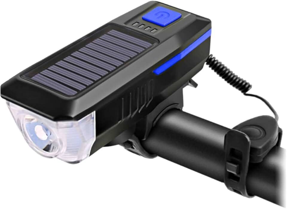 Farol Lanterna LED De Bicicleta Dianteiro Para Guidão Recarregável Com Luz Solar De Efeito Sonoro Alto Sirene Buzina Alto-Falante Com 5 Modos De Som E Cabo Carregador USB Resistente A Água LINHA PREMIUM DUPIN