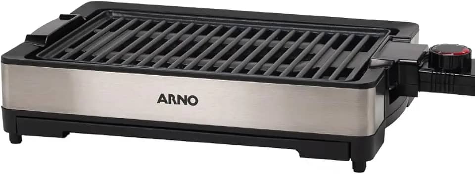 Churrasqueira Elétrica Arno Mais Sabor e Pouca Fumaça GPRA, Inox e Preta com Revestimento Antiaderrapante, Termostato Regulável e Alças Térmicas, 220V