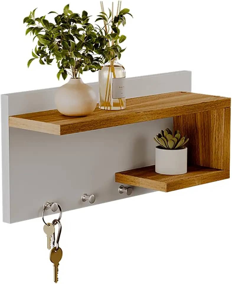 Porta Chaves Nero Organizador Decoração Casa Branco e Freijó