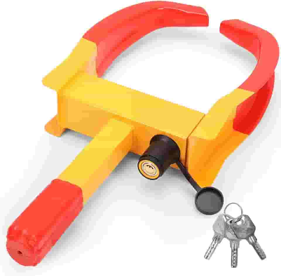 Trava de Roda Universal para Veículos, Trava de Roda Antifurto Resistente Adequada para Carro, Grampo Antifurto para Carros Moto SUV E Caravanas, Amarelo E Vermelho, Com 2 Chaves