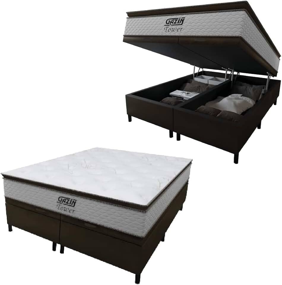 Cama Box Baú King Gazin Colchão Molas Ensacadas Com Pillow Top Tower 193x203x75cm Branco/Marrom Suporta até 120kg por Pessoa