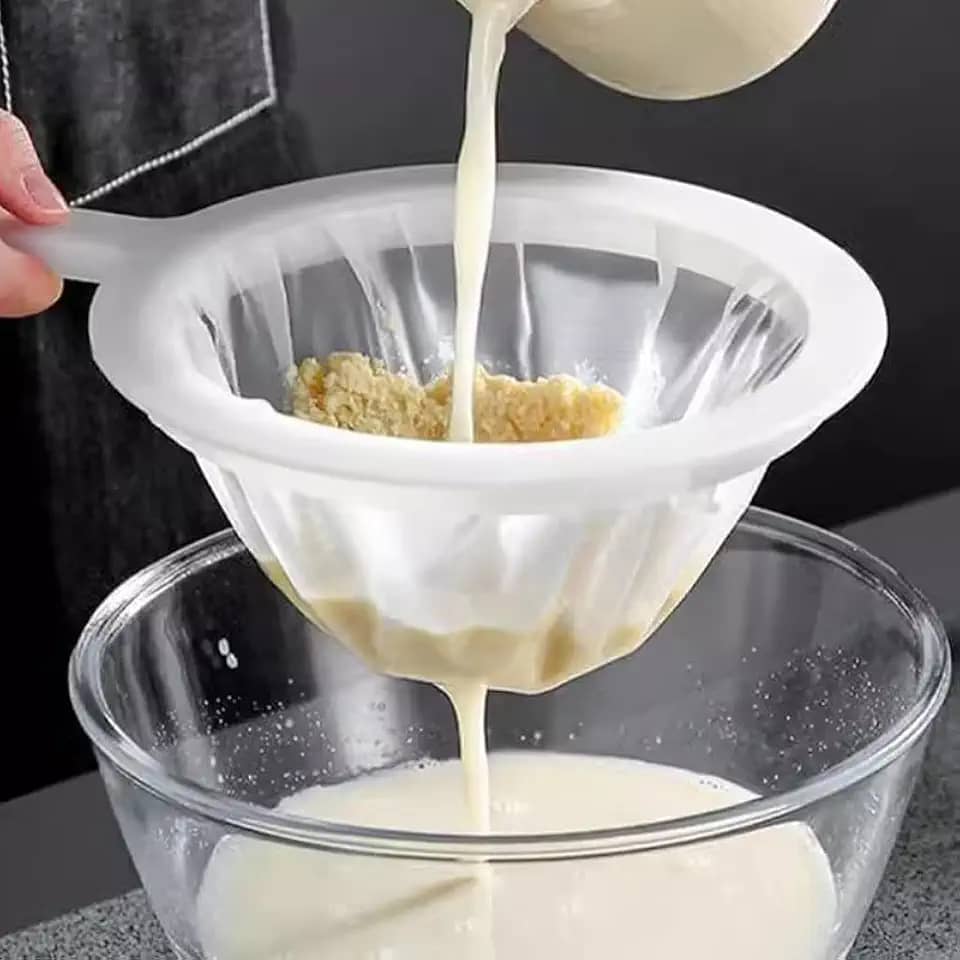 Coador de malha de nylon ultrafino para cozinha, peneira de plástico, malha fina com alça, ferramenta de cozinha para leite de soja, café, leite, iogurte, suco, filtro de folha de chá, mel, vinho