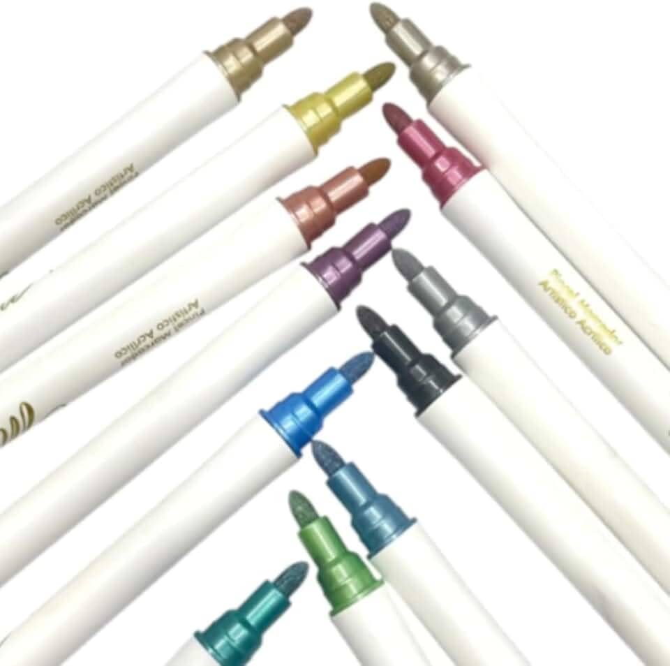 Conjunto de Canetas Marcadores Metálicos 12 Cores Metálicas Sortidas Pincel Artístico Escreve em Superfícies: Vidro Papel Pedra Madeira Cerâmica e muito mais