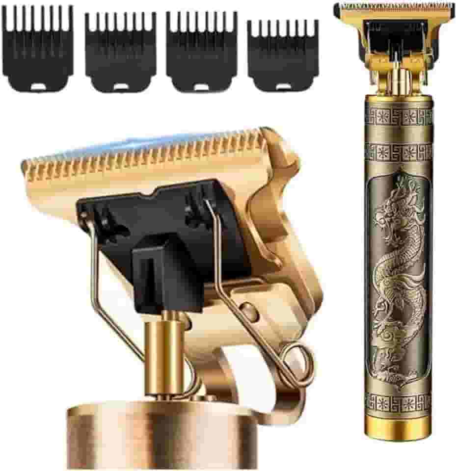 Máquina de Acabamento Profissional, Aparador Recarregável USB para Cabelo e Barba, 180min de Autonomia, Design Premium em Metal Dourado com Dragão