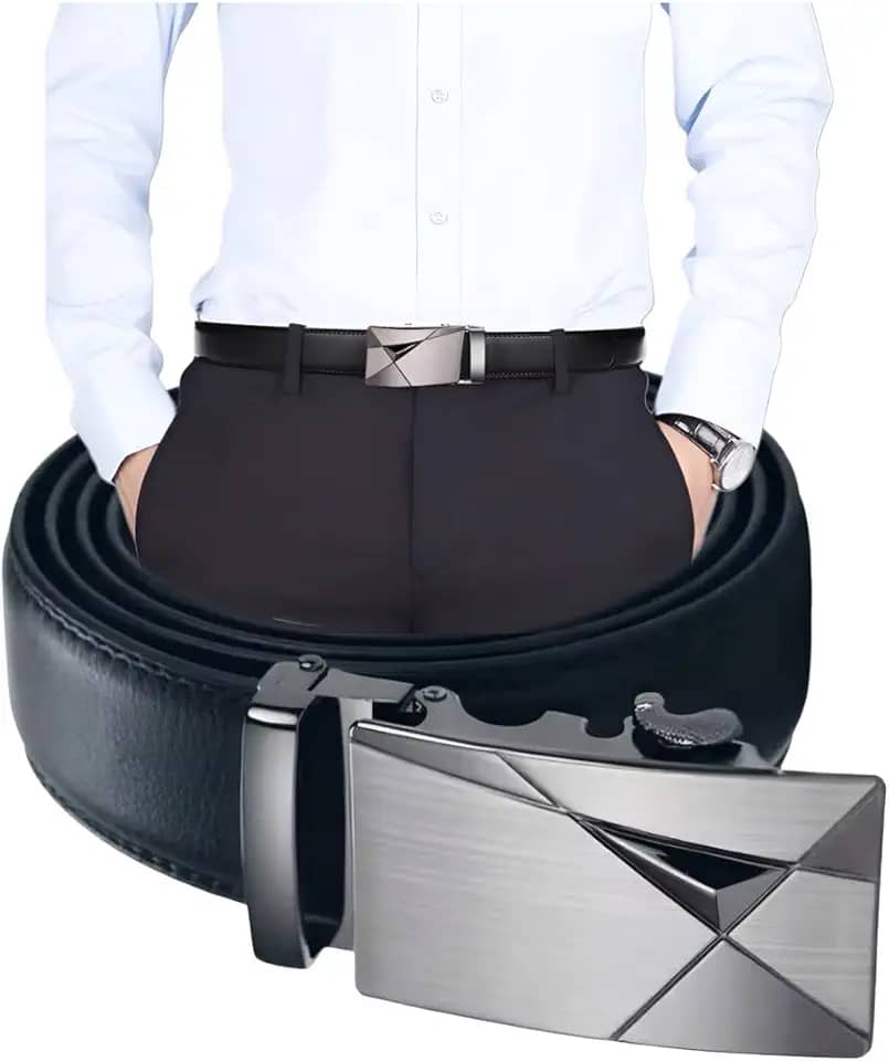 Cinto Social Masculino em Couro com Fivela Automática Geométrica, Design Moderno, Preto