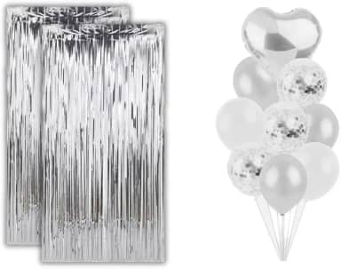Kit Festa Decoração 2 Cortinas Metalizadas Glitter e 9 Balões Látex e Coração Metalizado Festa Decoração (Prata)