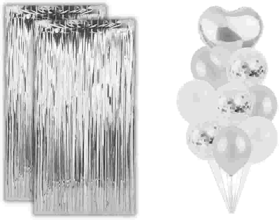 Kit Festa Decoração 2 Cortinas Metalizadas Glitter e 9 Balões Látex e Coração Metalizado Festa Decoração (Prata)