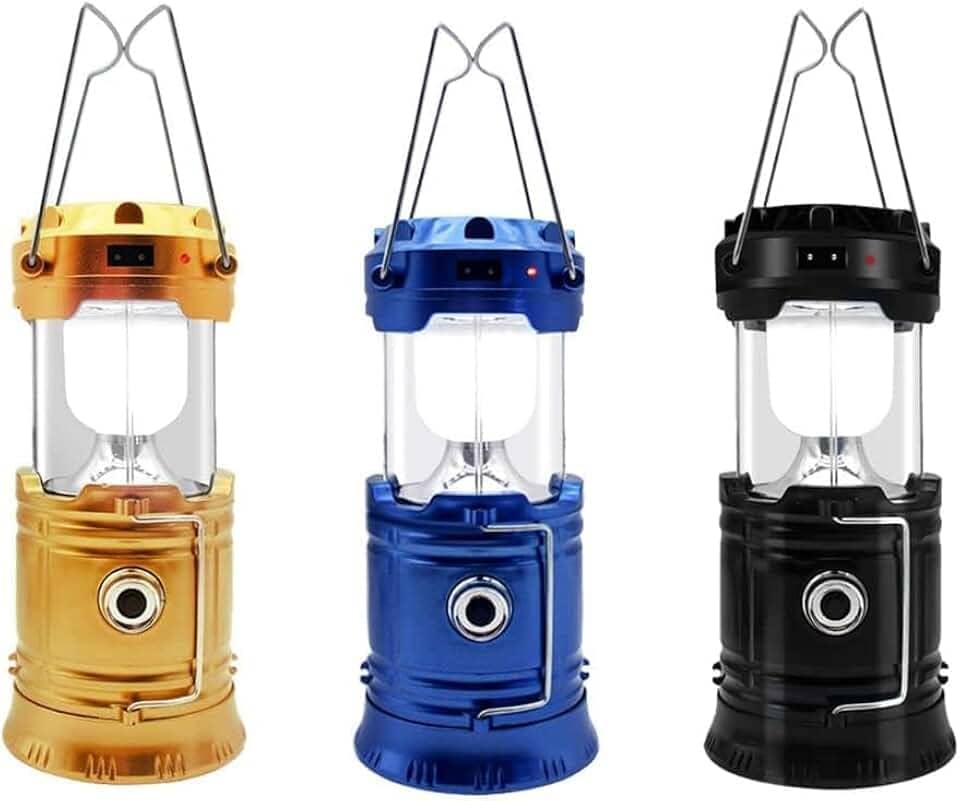 Lampião LED Lanterna Carregável Com Luz Solar Camping Luminária Dupla Iluminação Acampamento Trilhas Multiuso Carregador USB Portátil LINHA PREMIUM-THREE BROTHERS (Lampeão Azul)